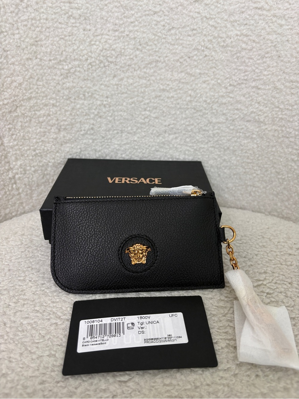 Versace Medusa Black Leather Gold Medusa Zip Card Pouch/wallet new